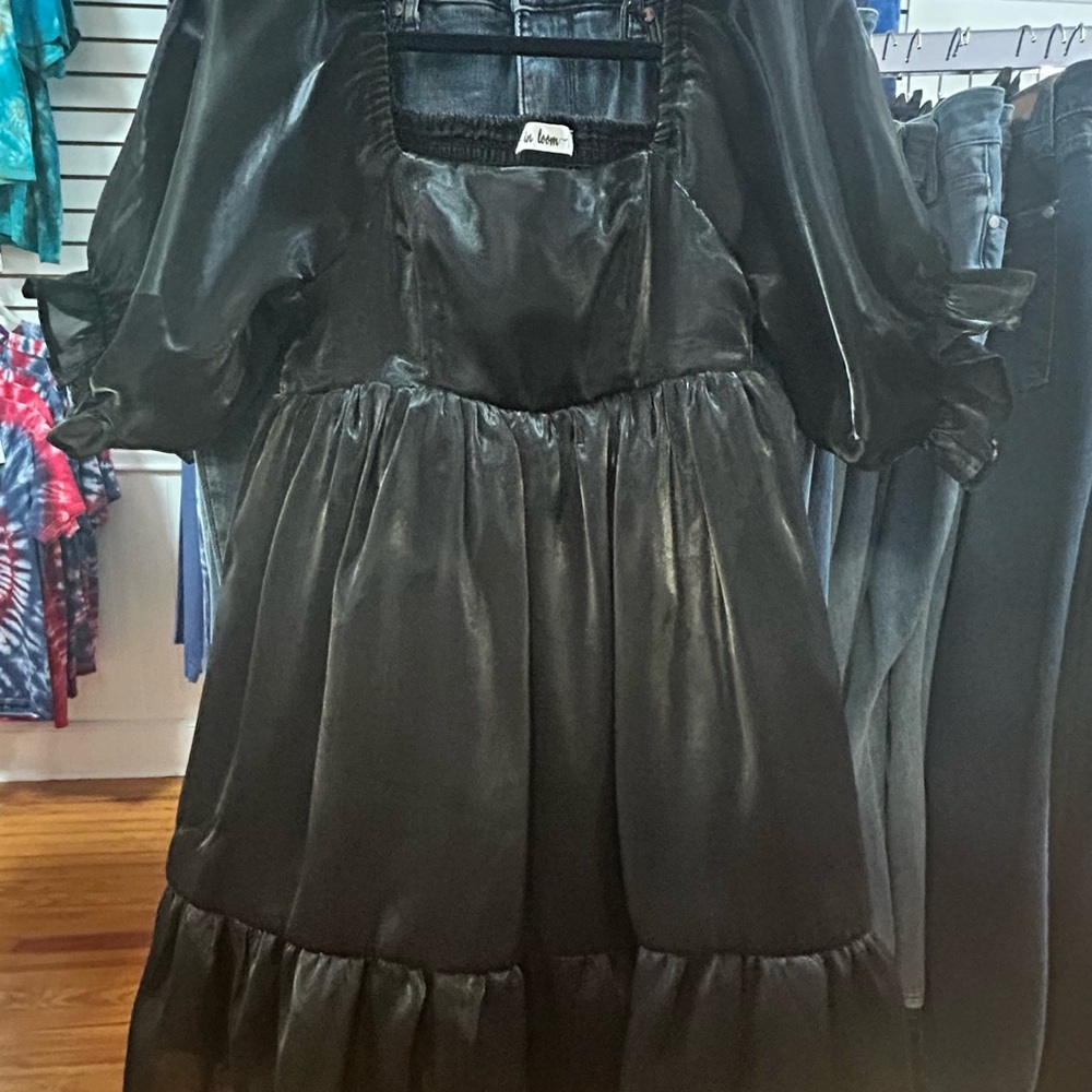 In Loom Black Satin Puff Sleeve Dress